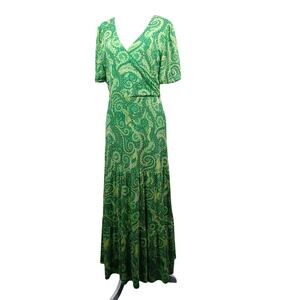 Harlow & Rose Women Floral Mesh Tiered Maxi Dress L Green Boho Cottage Puff Slv
